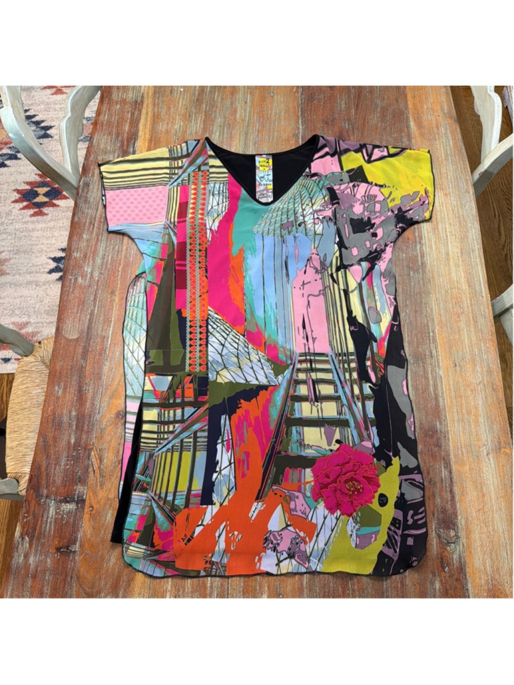 VOLT Design Layered Graphic Print Overlay Tunic Dress 2 M Abstract Art to Wear